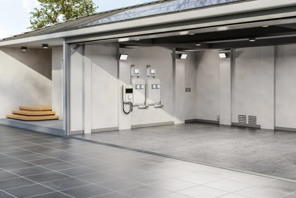 Home EV charger and switchboards mounted in a garage next to a solar-powered home
