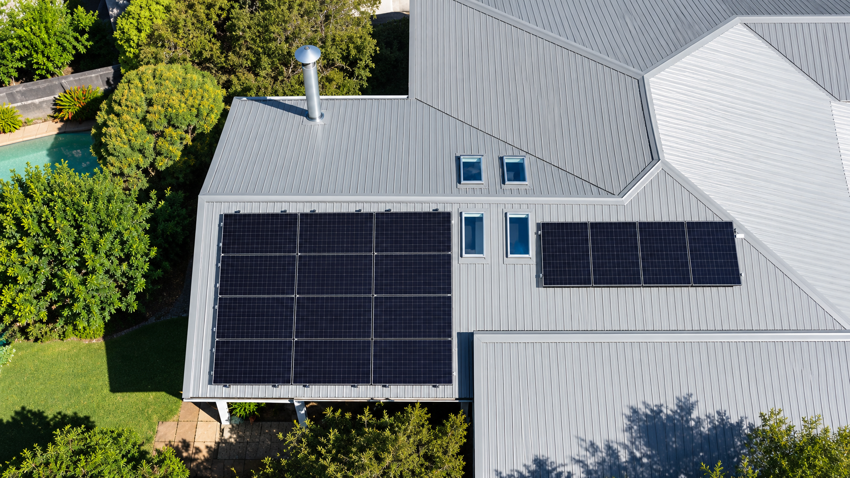 Aerial Modern Roof with Solar Panels